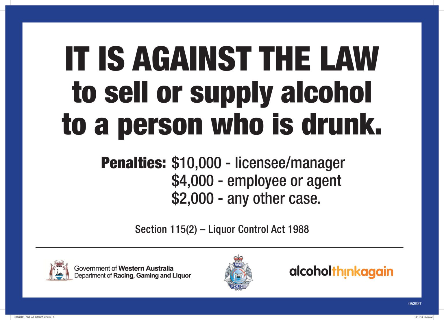 RESPONSIBLE SERVICE OF ALCOHOL RSA & OFFICIAL POSTERS Copy Australian Hotels Association (WA)